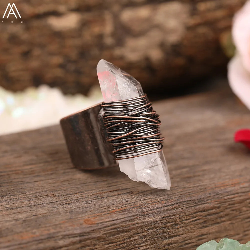 Handmade Raw Clear Quartz Bronze Handmade Adjustable Ring