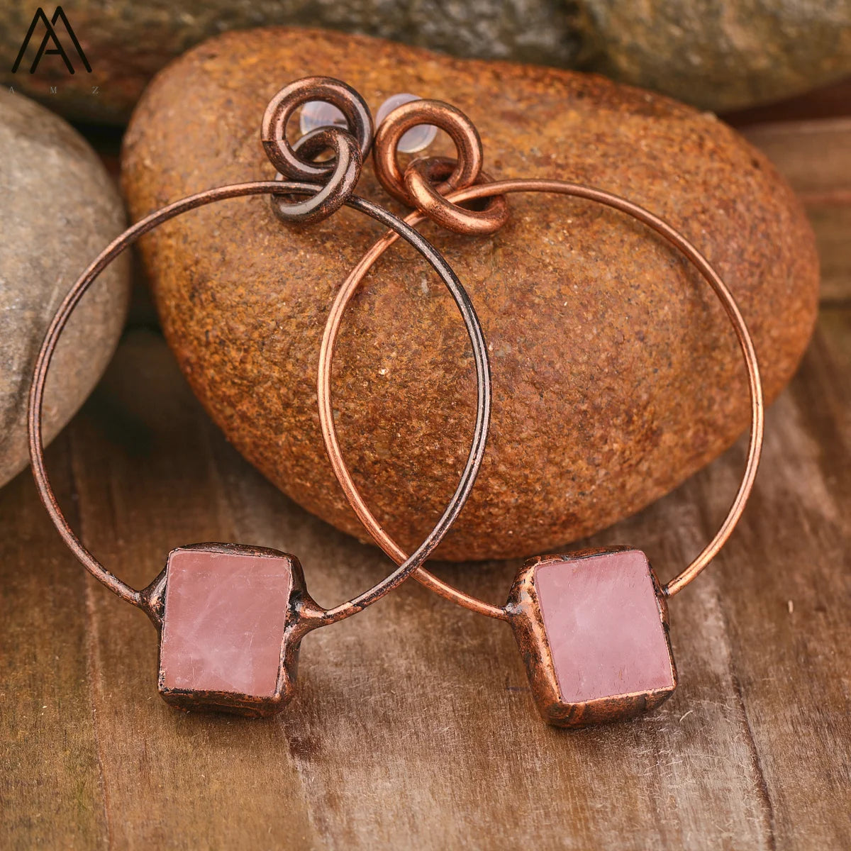 Handmade Square Rose Quartz Hoop Earrings