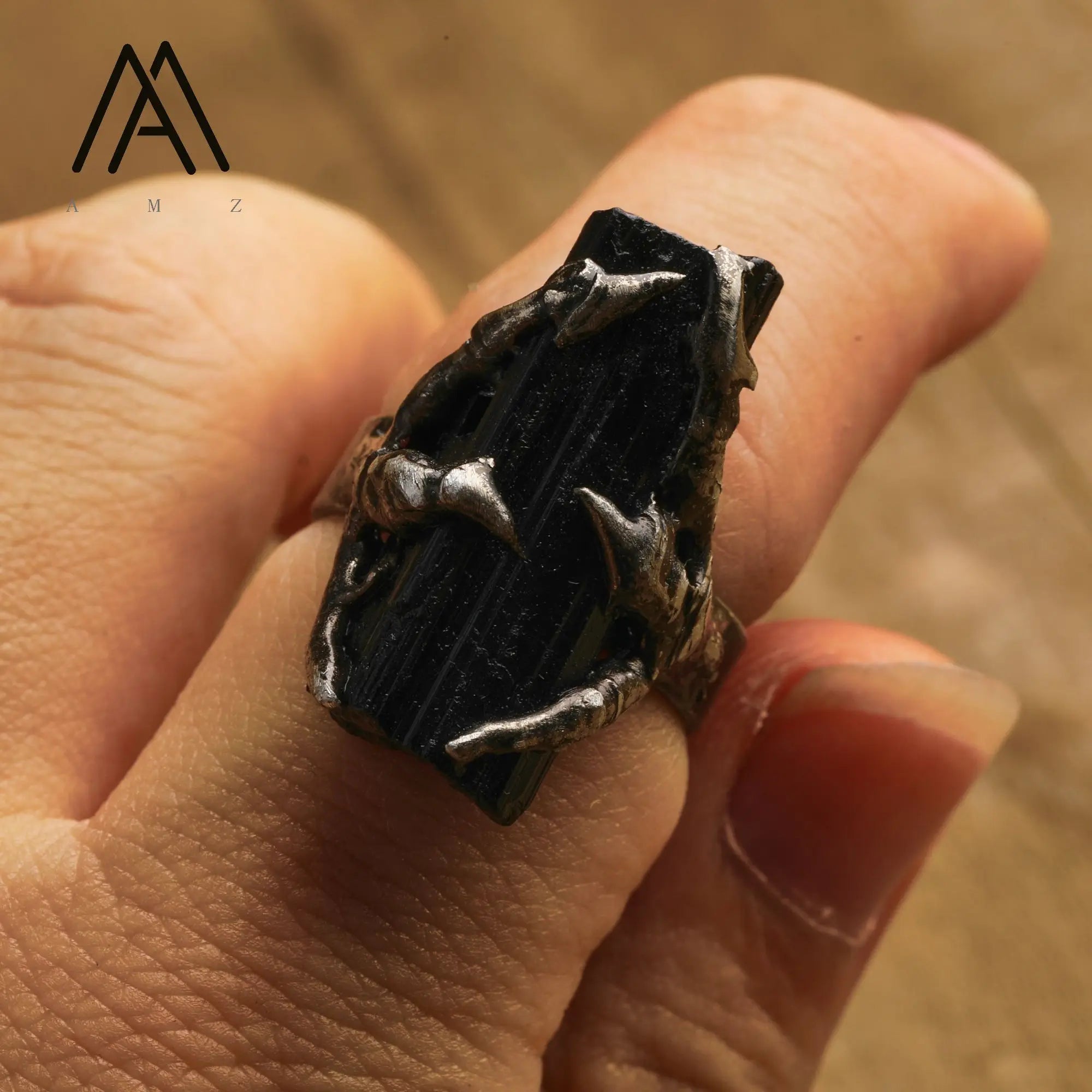 Gothic Raw Black Tourmaline Claw Rings