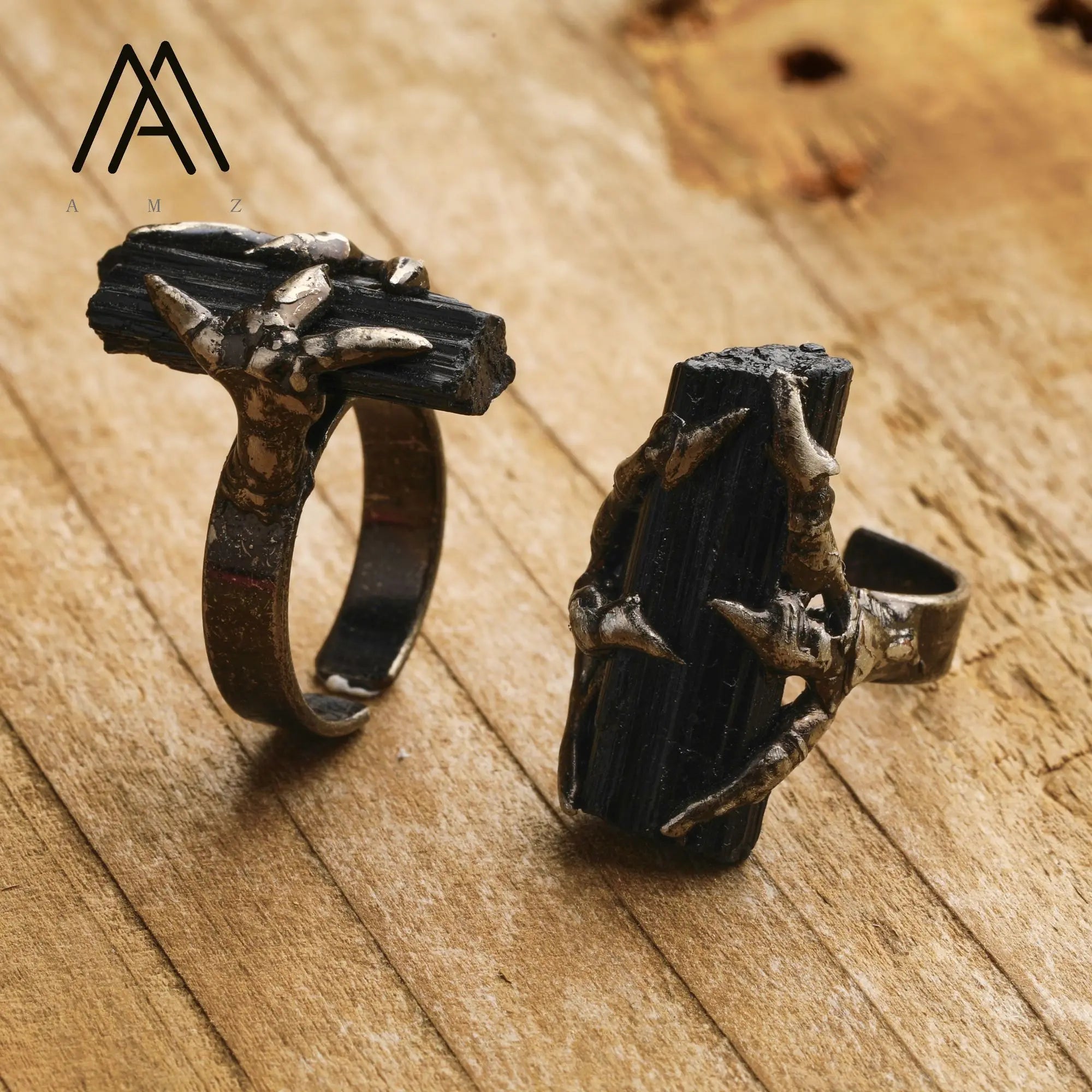 Gothic Raw Black Tourmaline Claw Rings