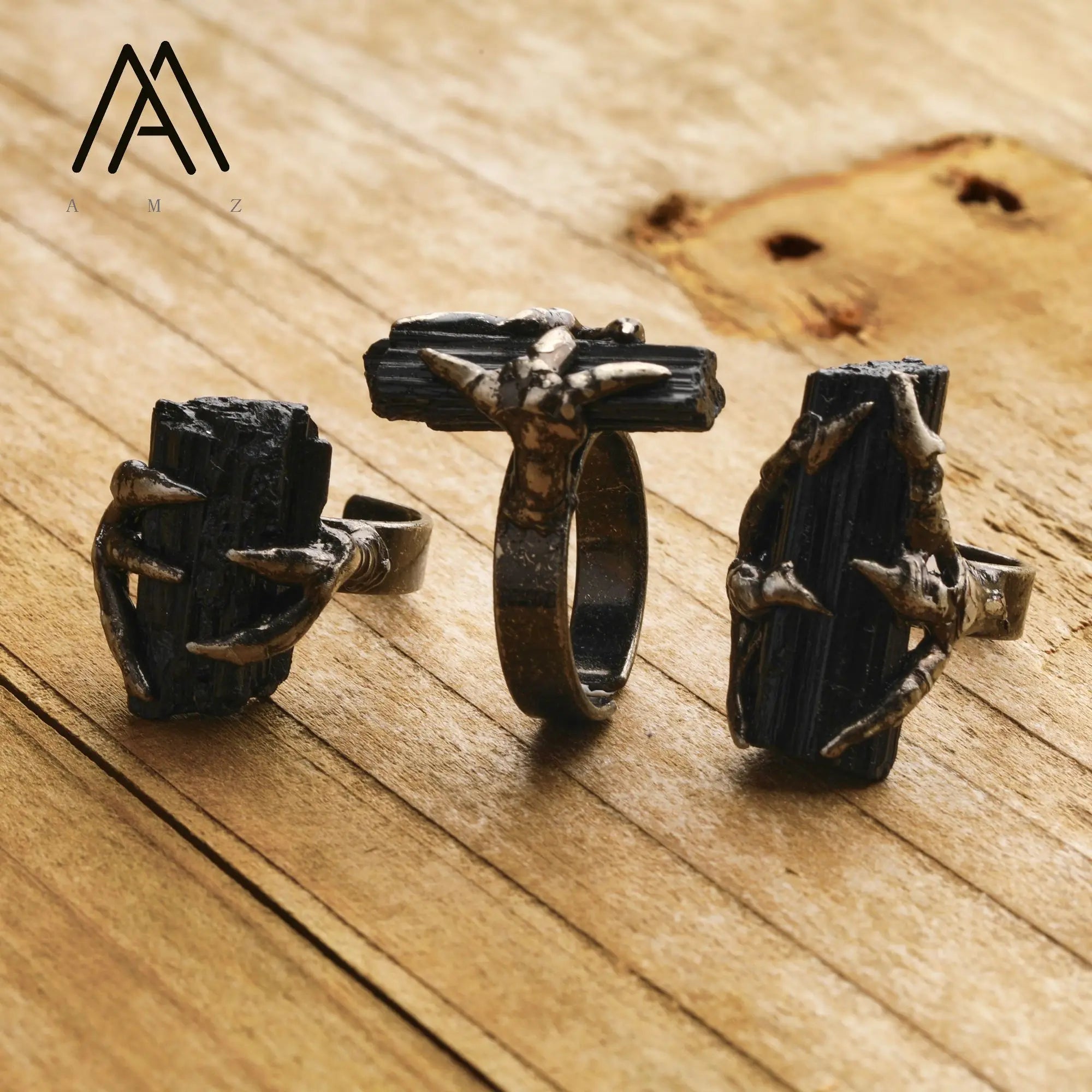 Gothic Raw Black Tourmaline Claw Rings