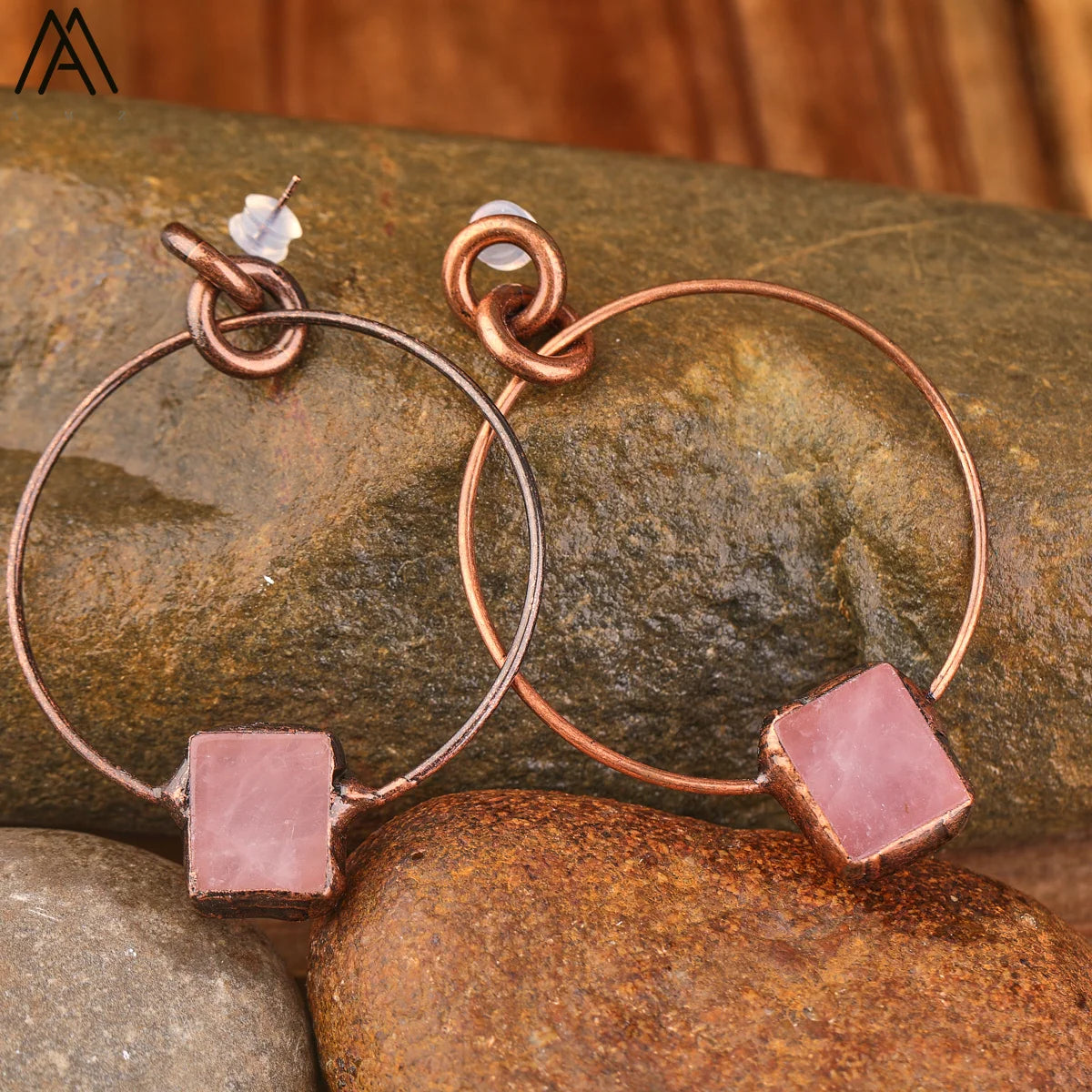 Handmade Square Rose Quartz Hoop Earrings