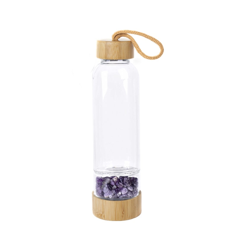 Natural Crystal Healing Glass Energy Water Bottle With Natural Bamboo For Manifesting