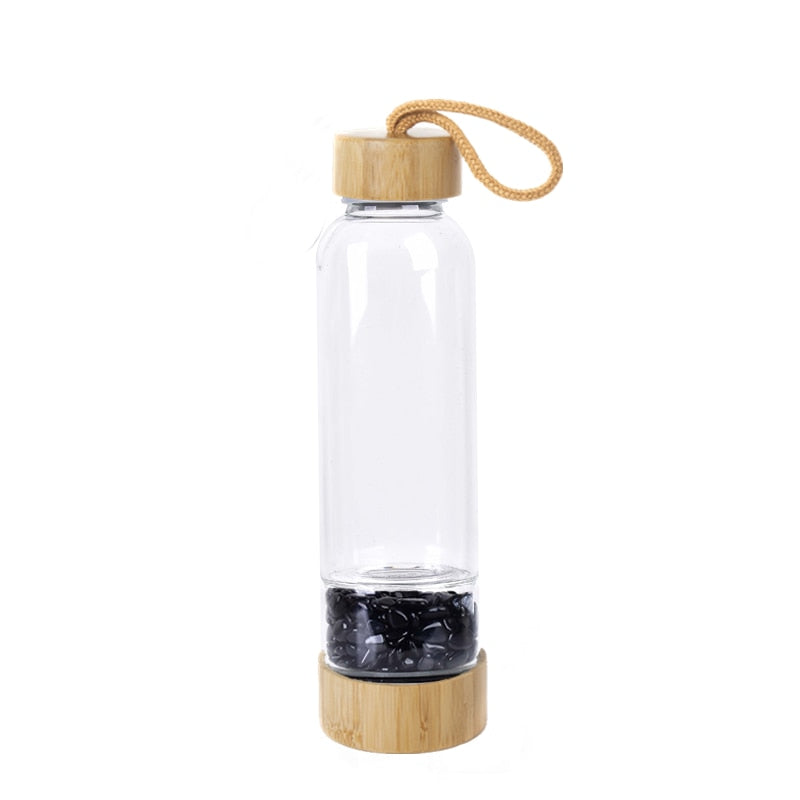 Natural Crystal Healing Glass Energy Water Bottle With Natural Bamboo For Manifesting